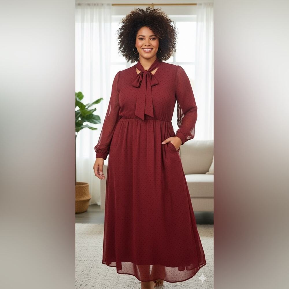 Evri Plus Size 1X Maroon Maxi Dress V-Neck Long Sleeve Tie
